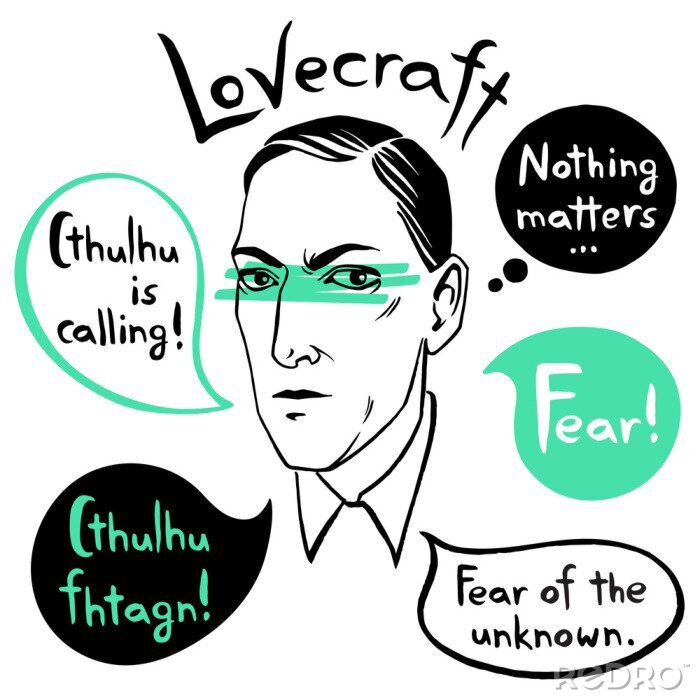 Poster Porträt von Lovecraft mit Sprechblasen und Zitaten