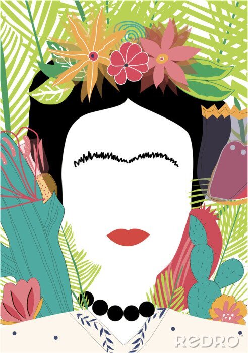 Poster Portrait of Mexican or Spanish woman minimalist Frida Kahlo with flowers, leaves, cactus