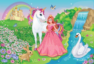 Prinzessin und Einhorn im Märchenland mit Schloss