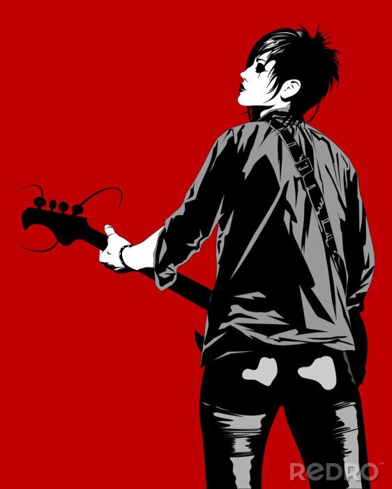 Poster Punk-Gitarristin auf rotem Hintergrund