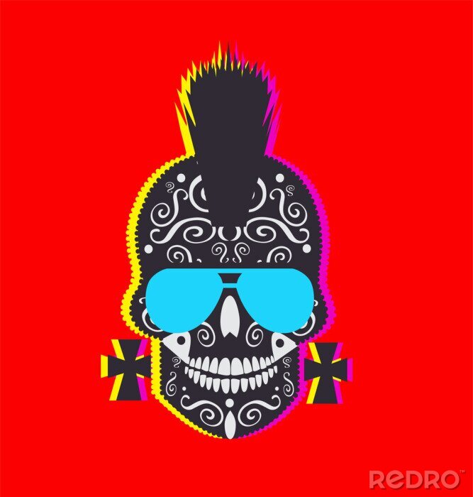 Poster Punk-Totenkopf auf rotem Hintergrund