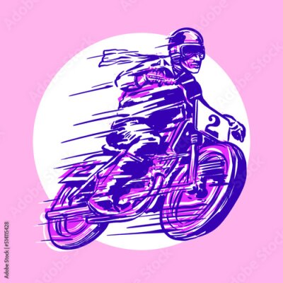 Poster Racer with motorcycle objects in retro hand drawing style