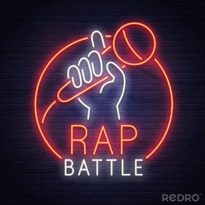 Poster Rap Battle Leuchtreklame. Neonschild. Stand Up Logo, Emblem und Etikett. Helles Schild, helle Fahne.
