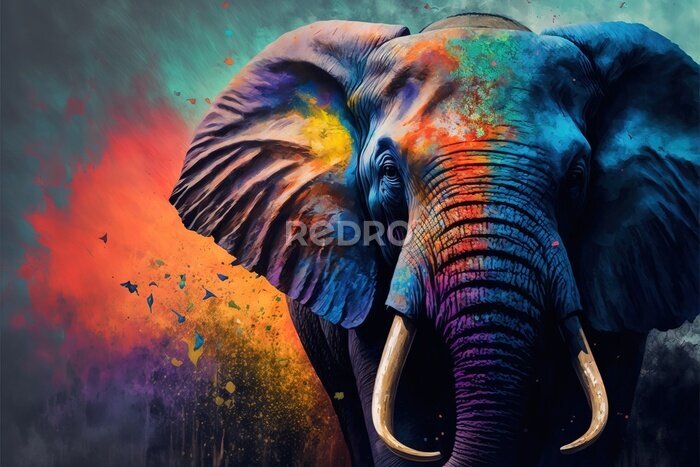 Poster Realistisches Gemälde eines farbenfrohen Elefanten