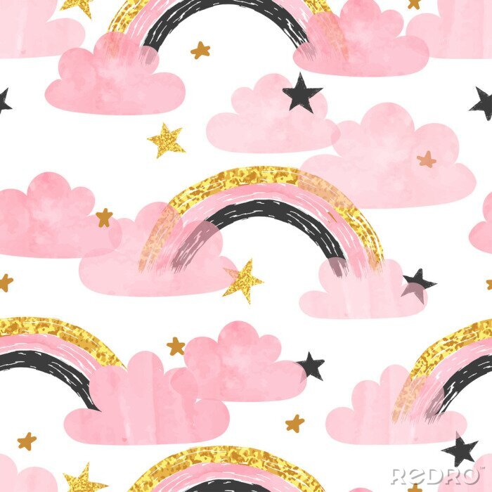 Poster Regenbögen zwischen rosa Wolken und Sternen