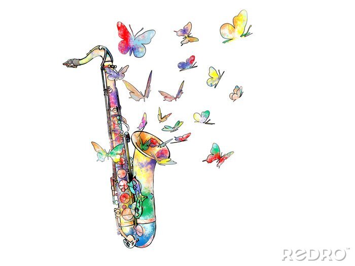 Poster Regenbogen-Saxophon mit ausfliegenden Schmetterlingen
