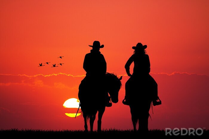 Poster Reiter auf Pferden bei Sonnenuntergang