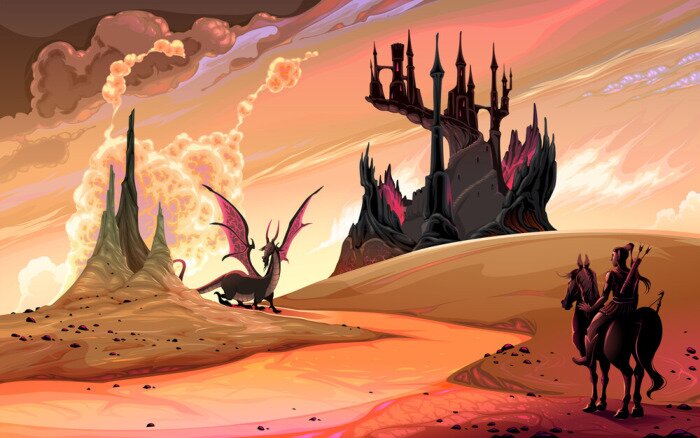 Poster Reiter mit Blick auf einen Drachen und ein dunkles Schloss