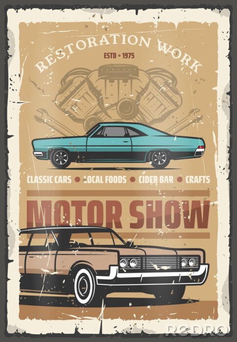 Poster Retro-Autos bei einer Moto Show