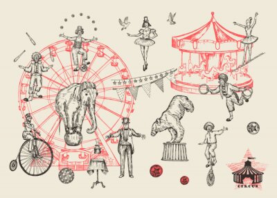 Poster Retro circus performance set sketch stile vector illustration. Hand drawn imitation. Human and animals.