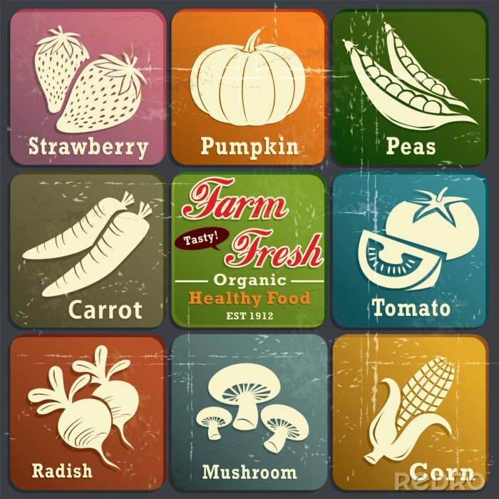 Poster Retro gesunde Lebensmittel mit Etiketten