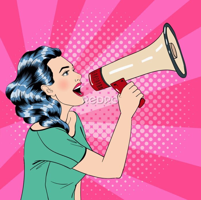 Poster Retro-Grafik einer Frau mit Megafon vor rosa Hintergrund