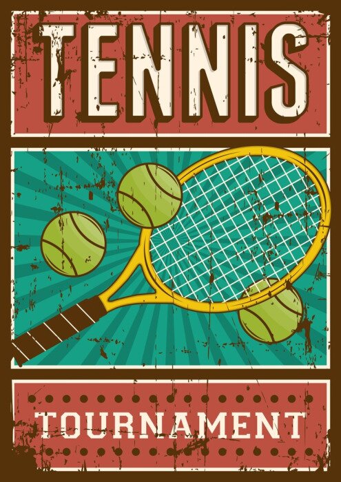 Poster Retro-Grafiken eines Tennisschlägers, eines Balls und einer Inschrift