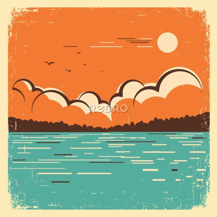 Poster Retro-Landschaft mit einem See als Hauptfigur