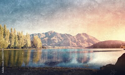 Poster Retro-Landschaft mit einem See inmitten der Berge