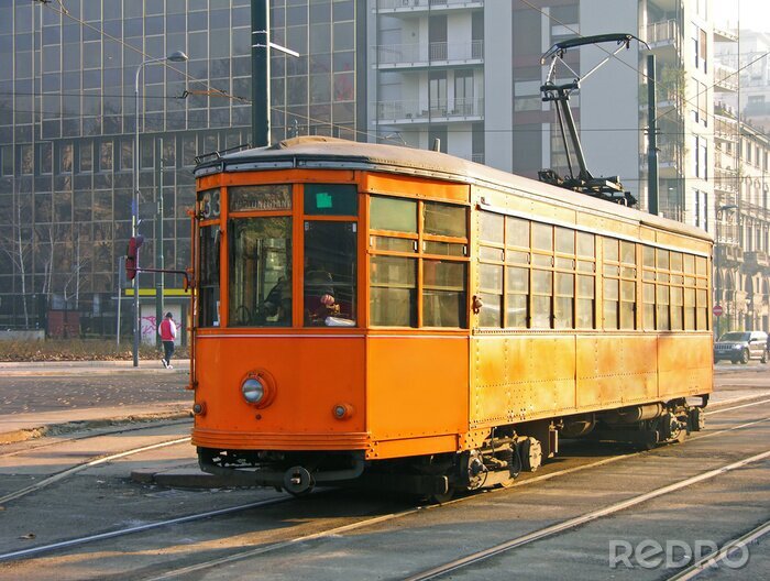 Poster Retro orangefarbene Straßenbahn