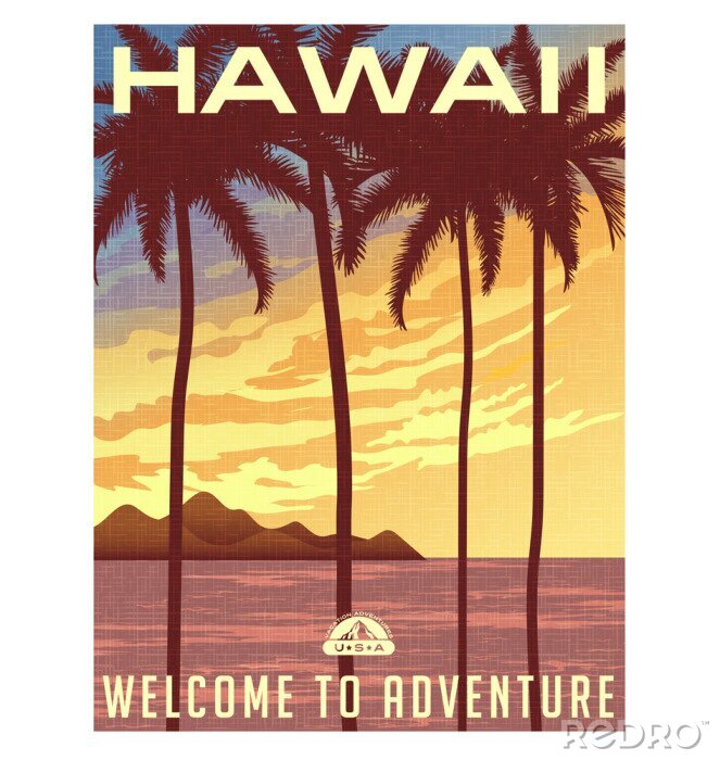 Poster Retro style travel poster or sticker. United States, Hawaii sunset and palm trees.