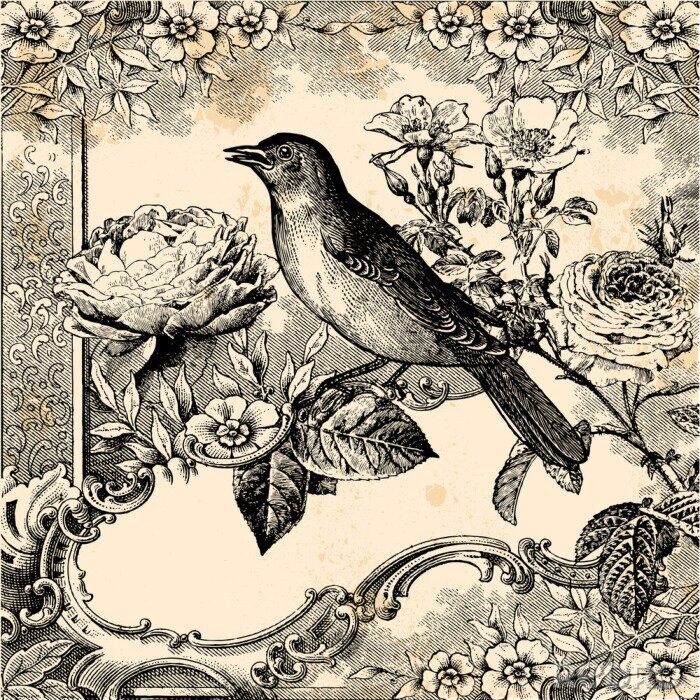 Poster Retro-Zeichnung mit einem singenden Vogel