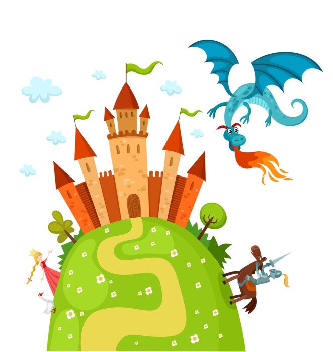 Poster Ritter, der eine Prinzessin vor einem Drachen rettet