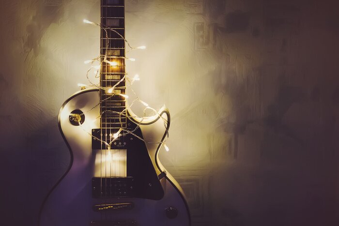 Poster Rockgitarre und Weihnachtsbeleuchtung