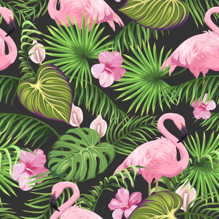 Poster Rosa Blumen und Flamingos auf dunklem Hintergrund