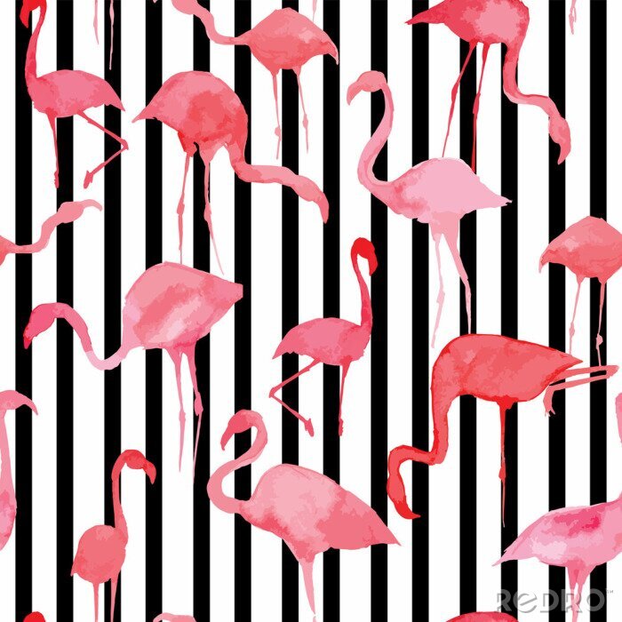Poster Rosa Flamingos mit Streifen im Hintergrund