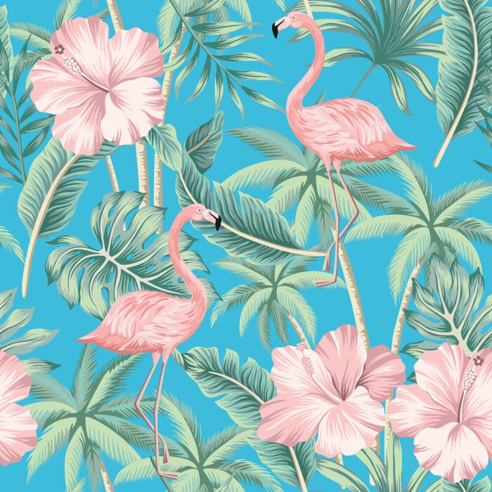 Poster Rosa Flamingos und Blumen auf türkisfarbenem Hintergrund