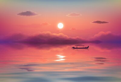 Rosa Sonnenuntergang und Fischerboot