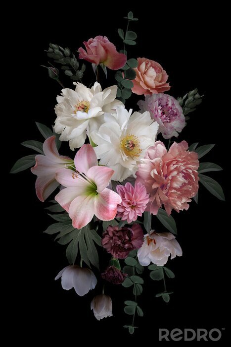 Poster Rosen, die eine Komposition mit anderen Blumen bilden