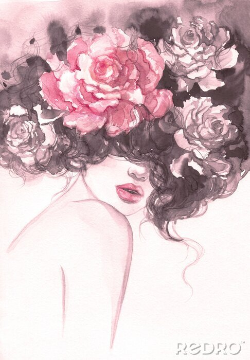 Poster Rosen im Haar sinnliche Aquarell