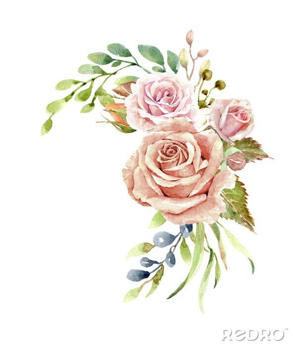 Poster Rosen mit Blättern in Pastellfarben gemalt