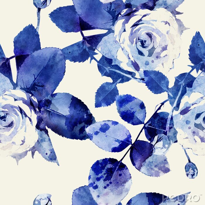 Poster Rosen und Blätter in Blautönen