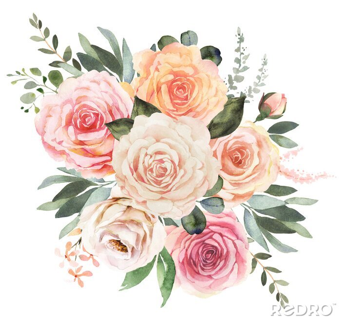 Poster Rosen weiss, Teerosen und rosa Rosen mit Aquarell gemalt
