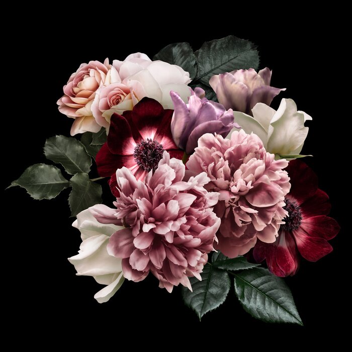 Poster Rosen weiss und Pfingstrosen in einem romantischen Strauß