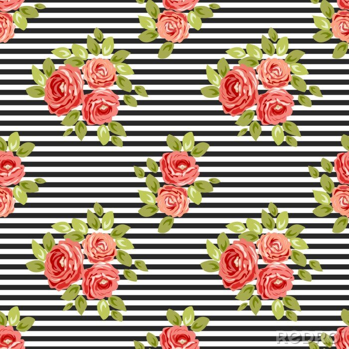 Poster Rote Blumen mit Blättern auf einem schwarz-weiß gestreiften Hintergrund