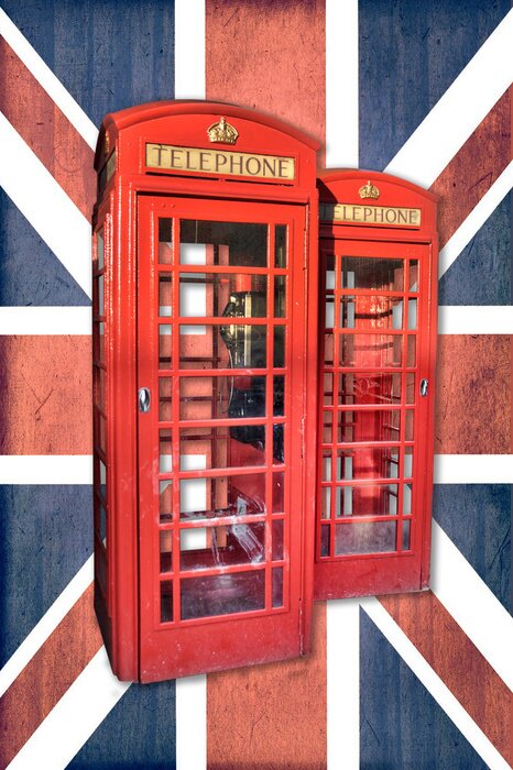 Poster Rote Telefonzellen mit Flaggenhintergrund