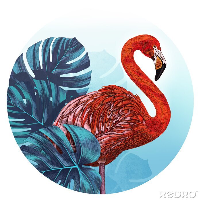 Poster Roter Flamingo und Blätter