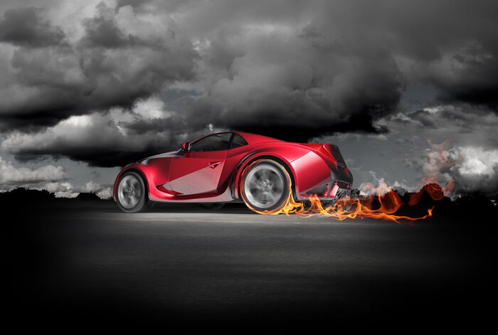 Poster Rotes Auto in Rauchwolken