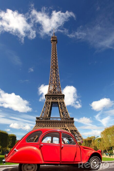 Poster Rotes Auto vor dem Hintergrund des Eiffelturms