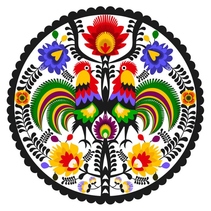 Poster Rundes Muster mit volkstümlichem Ornament mit Hähnen