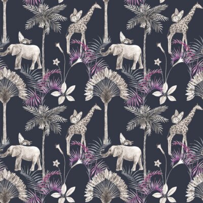 Safaritiere zwischen tropischen Pflanzen