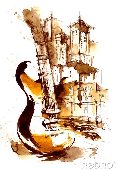 Poster Saiteninstrumente Gitarre und Stadt