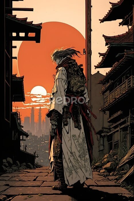 Poster Samurai in einer verlassenen Stadt