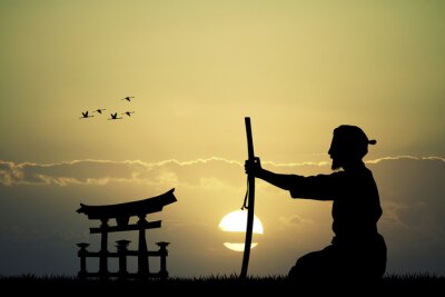 Poster Samurai meditiert bei Sonnenuntergang