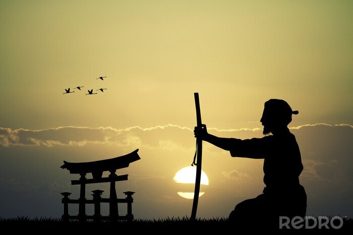 Poster Samurai meditiert bei Sonnenuntergang