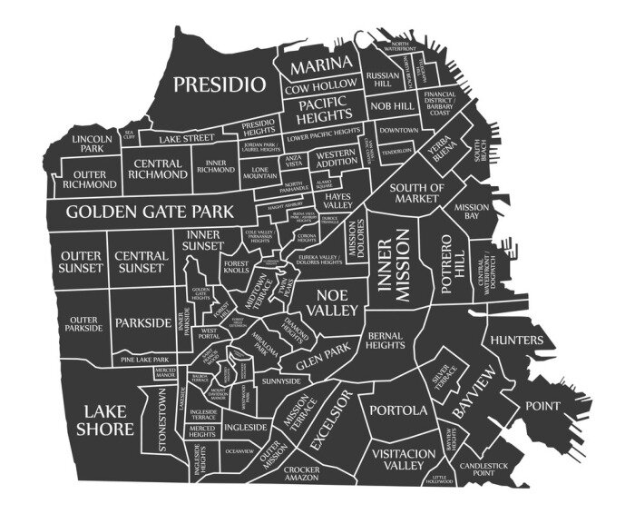 Poster San Francisco city map USA labelled black illustration