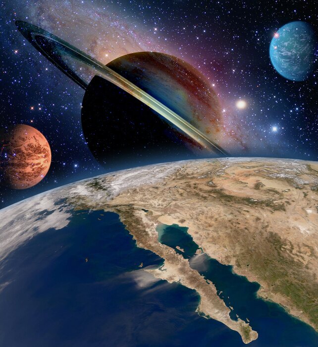 Poster Saturn und Erde im Sonnensystem