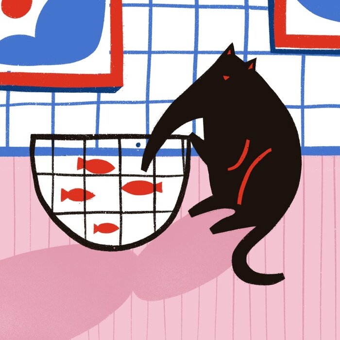 Poster Schelmische Katze und Fisch