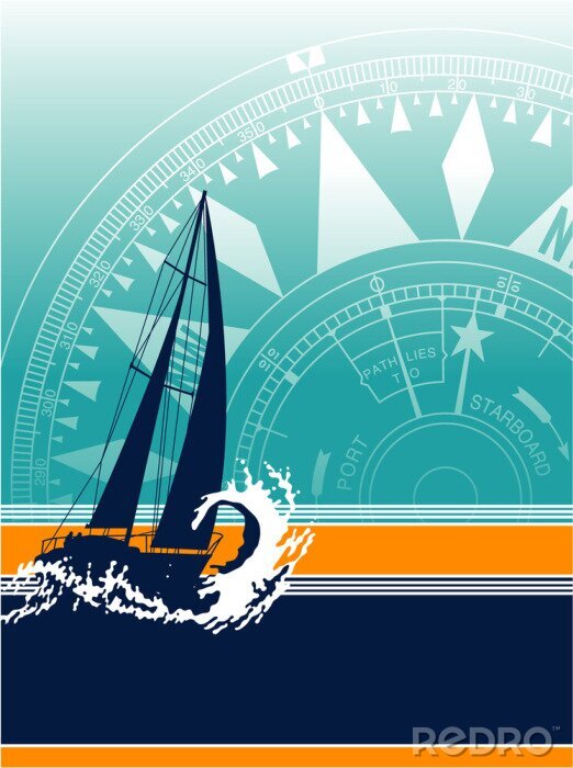 Poster Schiff auf der Welle mit Kompass im Hintergrund