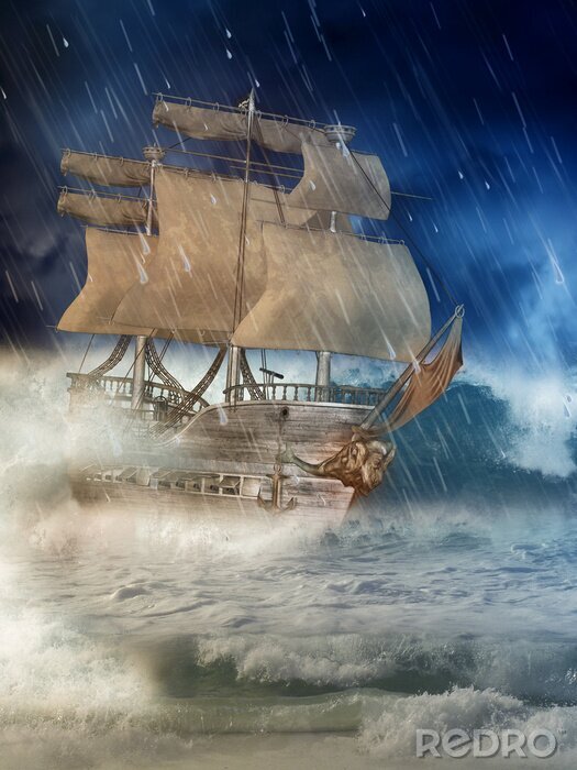 Poster Schiff mit Segeln und einem Regenschauer